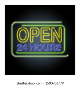 Outline Letter For Open 24 Hours With Neon Style.