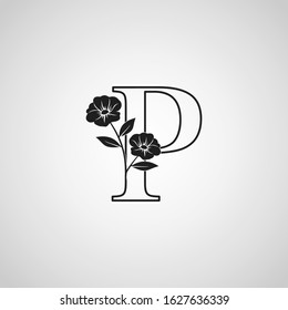 Outline Letter P Monogram Initial Logo Icon, Simple luxury vector design concept abstract nature floral flower with leaf.