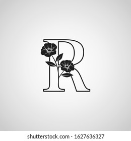 Outline Letter R Monogram Initial Logo Icon, Simple luxury vector design concept abstract nature floral flower with leaf.