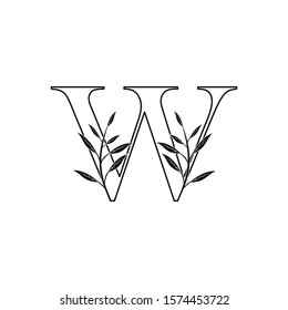 Outline Letter W logo icon, monogram initial vintage design concept nature leaves with letter W.