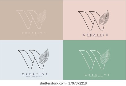 Outline Letter W Logo icon with Wired Leaf Concept Design on colorful backgrounds. Letter W with nature concept. Eco and Organic Letter Vector Illustration. 