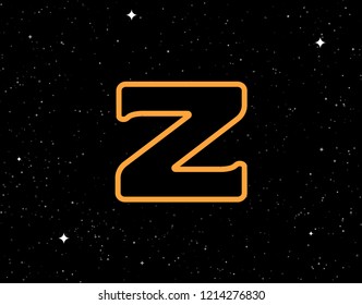 Outline letter Z. Isolated yellow color on black background with stars. Contour monogram. Vector illustration