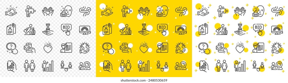 Outline Lgbt, Time hourglass and Heart line icons pack for web with Question button, Hold heart, Analysis app line icon. Digestion, Messenger mail, Puzzle pictogram icon. Travel delay. Vector