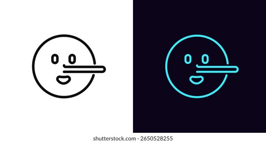 Outline liar emoji icon, with editable stroke. Lie emoticon with long nose, deceiver emoji. Liar face with big nose, say untruth, deceiver emoticon, fake truth and deception, tell false. Vector icon