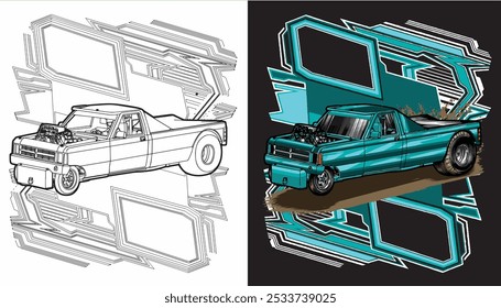 Outline light blue and painted racing car. Isolated in black background, for t-shirt design, print. and for business purposes.