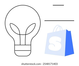 Outline of a light bulb and shopping bag with minimalist design. Ideal for online shopping, innovation, creativity, e-commerce, and technology. Clean lines and simple shapes. Modern vector style