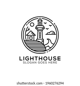 Outline Light house logo design, lighthouse icon vector illustration line art style