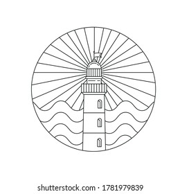 Outline lighthouse isolated. Sea waves and light. Flat vector line illustration.