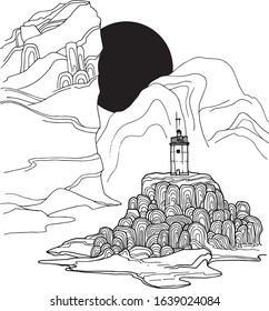 outline of the lighthouse on the background of mountains