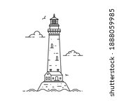 Outline lighthouse on island in middle of sea with clouds and waves in flat style. Vector illustration of seascape