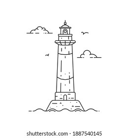 Outline lighthouse on island in middle of sea with clouds and waves in flat style. Vector illustration of seascape