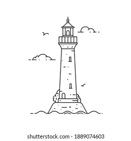 Outline lighthouse on island in middle of sea with clouds and waves in flat style. Vector illustration of seascape
