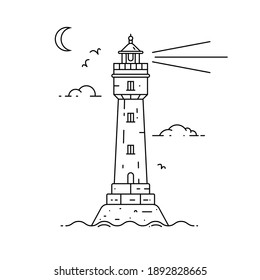 Outline lighthouse on island in middle of sea with clouds and waves in flat style. Vector illustration of seascape