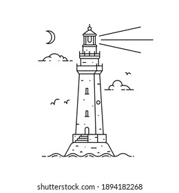Outline lighthouse on island in middle of sea with clouds and waves in flat style. Vector illustration of seascape
