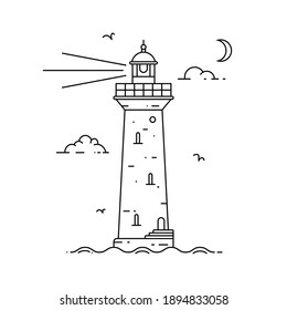 Outline lighthouse on island in middle of sea with clouds and waves in flat style. Vector illustration of seascape