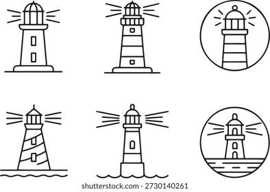 Iconos de vector de faro de esquema. Conjunto de seis ilustraciones lineales que representan varios faros, algunos con ondas circundantes y rayos de luz, en un estilo minimalista. Estos símbolos son perfectos para temas náuticos, turismo costero, navegación marítima y diseños relacionados con los viajes. Cada ícono muestra detalles únicos, desde estructuras simples hasta aquellas ubicadas sobre el agua, ofreciendo una gama versátil de Elementos gráficos. Ideal para aplicaciones de Web, impresión y móviles, estos faros aportan una sensación de guía, seguridad y aventura a cualquier proyecto creativo.