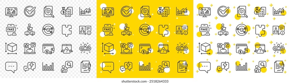 Contornar Relâmpago, Inspecionar e Acordo ícones da linha do documento pacote para web com algoritmo técnico, Blog, Falso ícone da linha de notícias. Quebra-cabeça, Gráfico analítico, Ícone do pictograma de riqueza contábil. Vetor