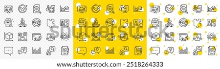 Outline Lightning bolt, Inspect and Agreement document line icons pack for web with Technical algorithm, Blog, Fake news line icon. Puzzle, Analytics chart, Accounting wealth pictogram icon. Vector