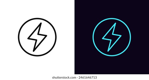 Outline lightning icon, with editable stroke. Electric lightning sign with circle frame. Electric vehicle, round lightning logo, battery charge station, electric energy and power charging. Vector icon