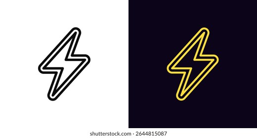 Outline lightning icon, with editable stroke. Electric lightning icon with double outline, energy charge. Lightning power, fast battery recharge, electric energy, thunderbolt flash. Vector icon