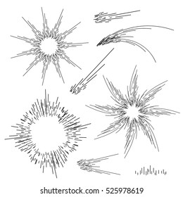 Outline lights sun. Set of linear round figures, as the rays of the sun. Black radial objects on the white background in vector. Decoration borders for text