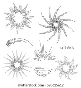 Outline lights sun. Set of linear round figures, as the rays of the sun. Black radial objects on the white background in vector. Decoration borders for text