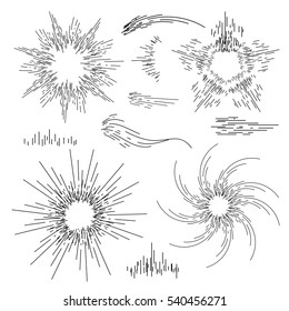 Outline lights sun. Set of linear round figures, as the rays of the sun. Black radial objects on the white background in vector. Decoration borders for text
