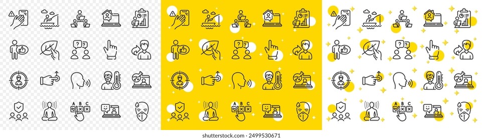 Outline Like, Teamwork and Dont touch line icons pack for web with Yoga, Sick man, Work home line icon. Organic tested, Human sing, Headhunting pictogram icon. Cursor, People insurance. Vector