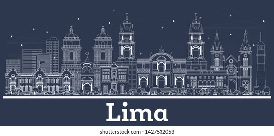 Skyline Lima Peru City mit weißen Gebäuden. Vektorillustration Illustration. Business Travel and Tourism Konzept mit historischer Architektur. Lima Stadtlandschaft mit Sehenswürdigkeiten.