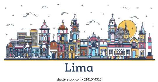 Outline Lima Peru City Skyline with Modern and Historic Colored Buildings Isolated on White. Vector Illustration. Lima Cityscape with Landmarks.