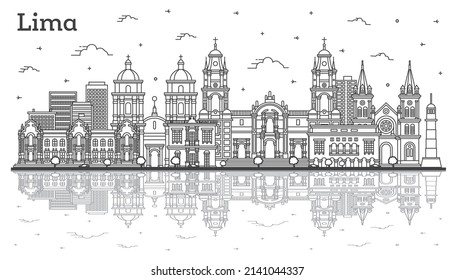 Outline Lima Peru City Skyline with Modern and Historic Buildings and Reflections Isolated on White. Vector Illustration. Lima Cityscape with Landmarks.