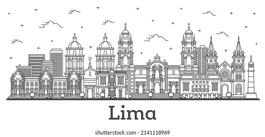 Skyline Lima Peru City mit modernen und historischen Gebäuden einzeln auf Weiß. Vektorgrafik. Lima Stadtlandschaft mit Sehenswürdigkeiten.