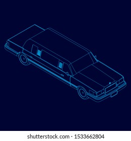 Outline of a limousine made of blue lines on a dark background. View isometric. Vector illustration.