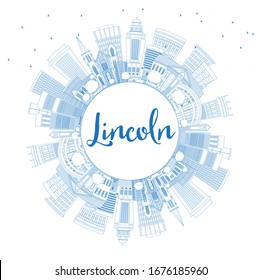 Outline Lincoln Nebraska City Skyline with Blue Buildings and Copy Space. Vector Illustration. Business Travel and Tourism Concept with Historic Architecture. Lincoln USA Cityscape with Landmarks.