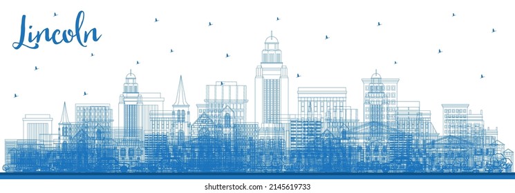 Outline Lincoln Nebraska City Skyline with Blue Buildings. Vector Illustration. Business Travel and Tourism Concept with Historic Architecture. Lincoln USA Cityscape with Landmarks. 