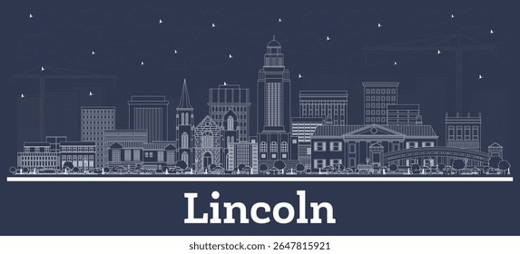 Outline Lincoln Nebraska City Skyline with white Buildings. Vector Illustration. Business Travel and Tourism Concept with Historic Architecture. Lincoln USA Cityscape with Landmarks. 