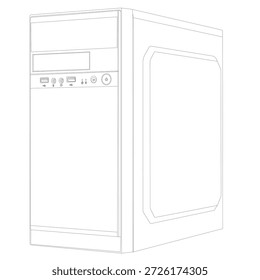 Ilustración vectorial de torre de computadora de escritorio de arte de contorno. Perfecto para manuales, iconos, diagramas técnicos y diseño de interfaz de usuario.