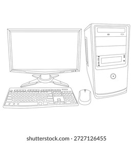 Conjunto de computadora de escritorio de arte de líneas con monitor, CPU, teclado y mouse. Ilustración vectorial de trazo editable aislado en el fondo.