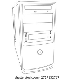 Ilustración vectorial de torre de computadora de escritorio de arte de contorno. Perfecto para manuales, iconos, diagramas técnicos y diseño de interfaz de usuario.