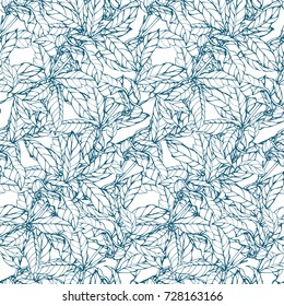 Outline line art leaves and branches pattern seamless vector background