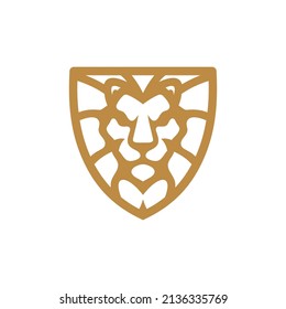 Outline line art lion face head and shield logo design, lion shield crest badge heraldry vector icon