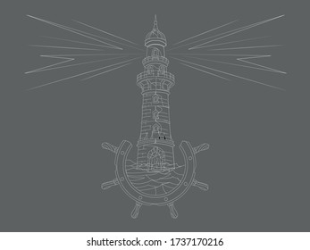 Outline line art watch tower or lighthouse with ship wheel.