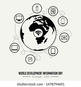 Outline (Line art) World Development Information Day with Globe and flying technology Information outline icon