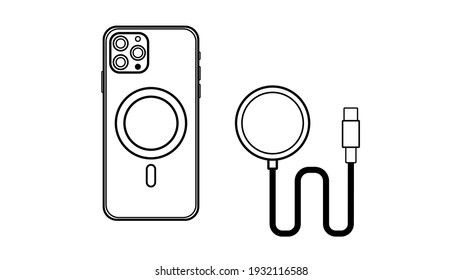 Dibujo de línea de contorno al revés de un smartphone moderno, cargador inalámbrico, cargador por cable, icono de dispositivo inteligente por cable USB Tipo-C Aislado en fondo blanco.