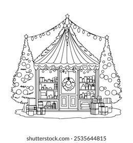 Outline, line drawing, Christmas market, holiday gift shop. Vector illustration