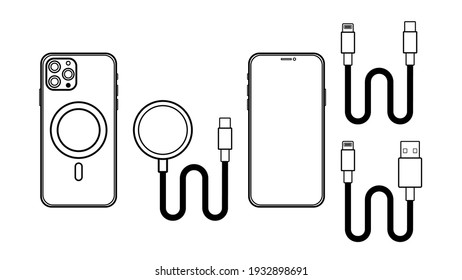 Outline line drawing Front and backside of modern smartphone, Wireless Charger, Cable Charge, USB Cable, USB Type-C Smart Device icon Isolate on White Background.