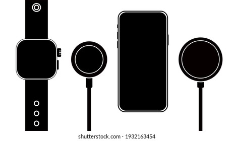 Dibujo de línea de contorno smartphone moderno, reloj inteligente, cargador inalámbrico, icono de dispositivo inteligente cargador por cable Aislado en fondo blanco.