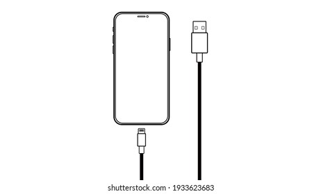 Outline line drawing modern smartphone, Cable Charge, USB Cable Smart Device icon Isolate on White Background.