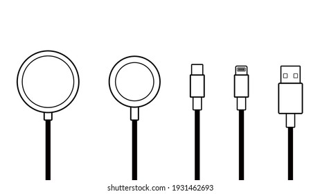 Dibujo de línea de contorno Cargador inalámbrico moderno, Cargador por cable, icono de dispositivo inteligente por cable USB Aislado en fondo blanco.