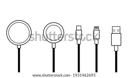 Outline line drawing modern Wireless Charger, Cable Charge, USB Cable Smart Device icon Isolate on White Background.